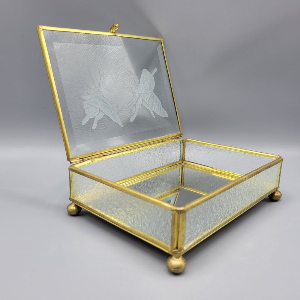 Vintage Flambro Glass Jewelry Box Etched Butterfly Design Brass Frame Taiwan